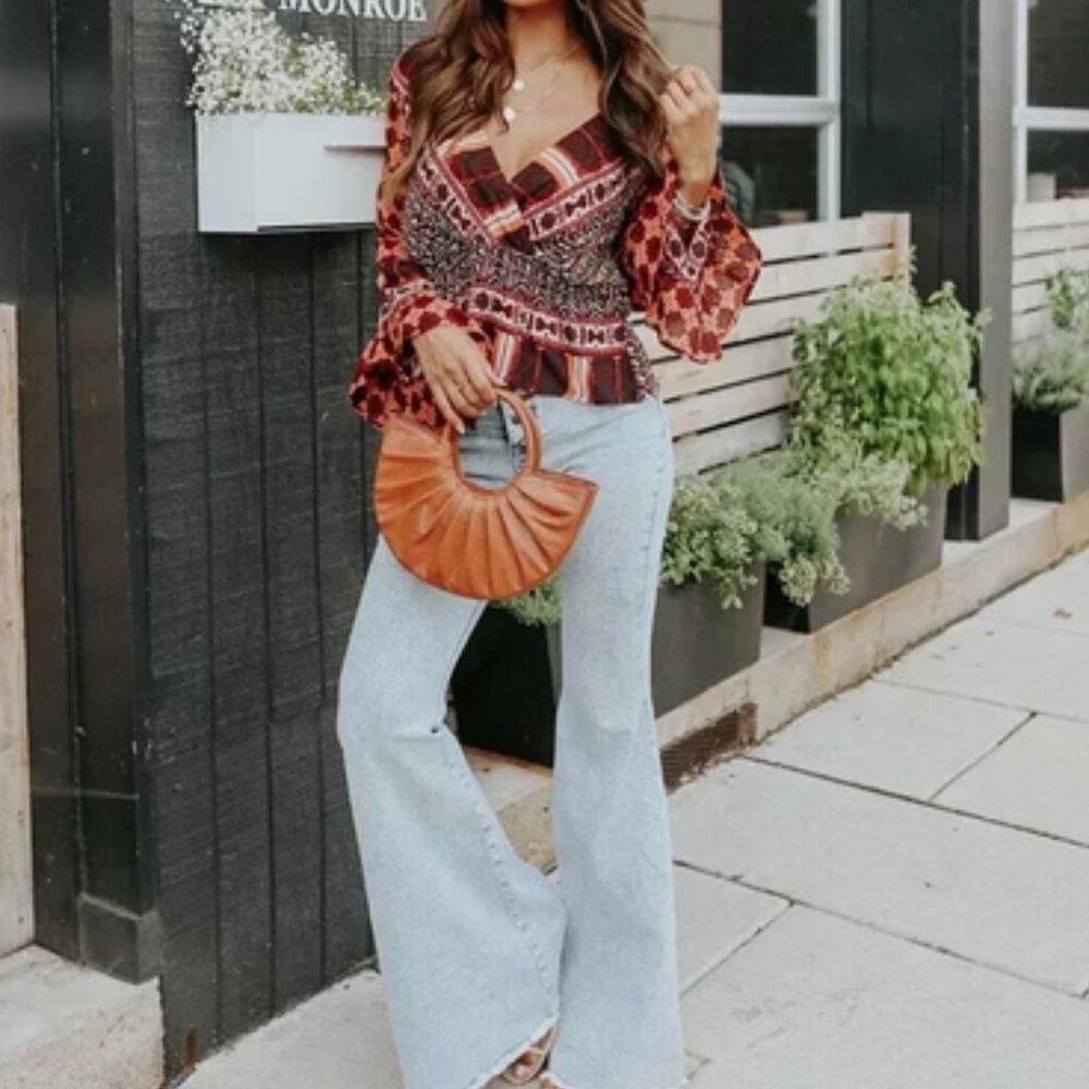 Free People Rosalie Wrap Flare Bell Sleeves Bohemian Top Coral Combo, XS